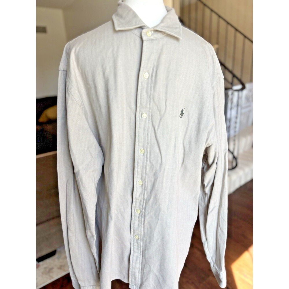 Polo Ralph Lauren Shirt Men XXL Gray/Beige Herringbone Slim Fit Long‎ Sleeve